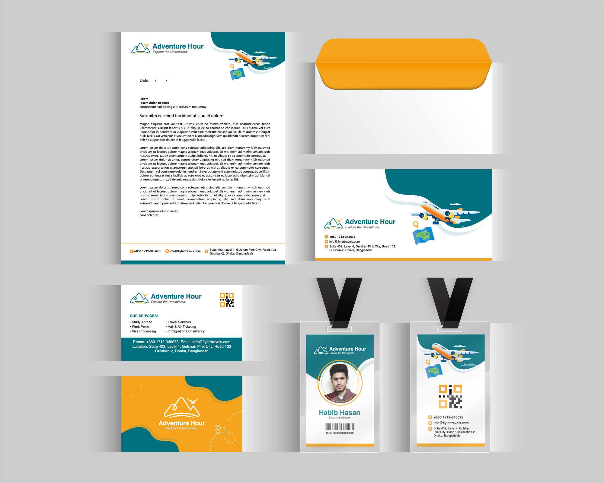 Agency brand identity set: letterhead, envelope, visiting card and ID card